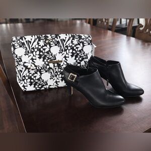 Vince Camuto Black Leather Ankle Booties + matching Floral Clutch Bundle